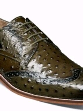 Stacy Adams Mens 9 Dress Shoes Wing Tip Oxford Olive Leather Ostrich Print 25537
